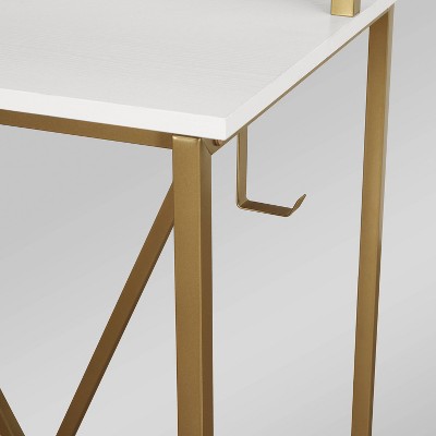 Modern Industrial Gold and Wood Writing Desk with Elevated Shelves