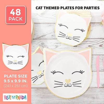 Gold Foil Cat-Shaped White Paper Plates for Birthday Parties