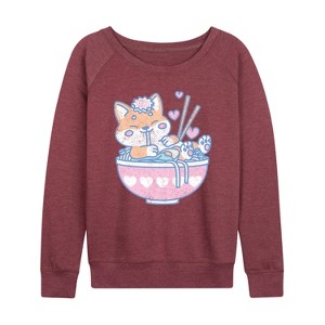 Women's - Instant Message - Kawaii Ramen Shiba Inu Lightweight French Terry Wide Neck Long Sleeve Graphic Shirt - 1 of 4