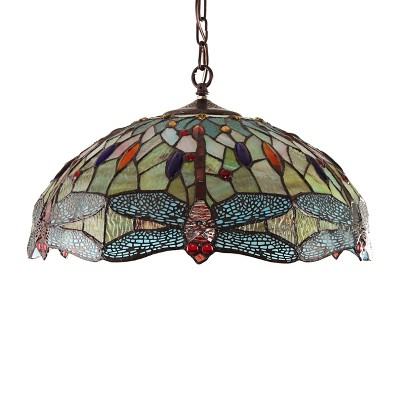 Empress Tiffany-Style Bronze Dragonfly Glass Pendant Lamp