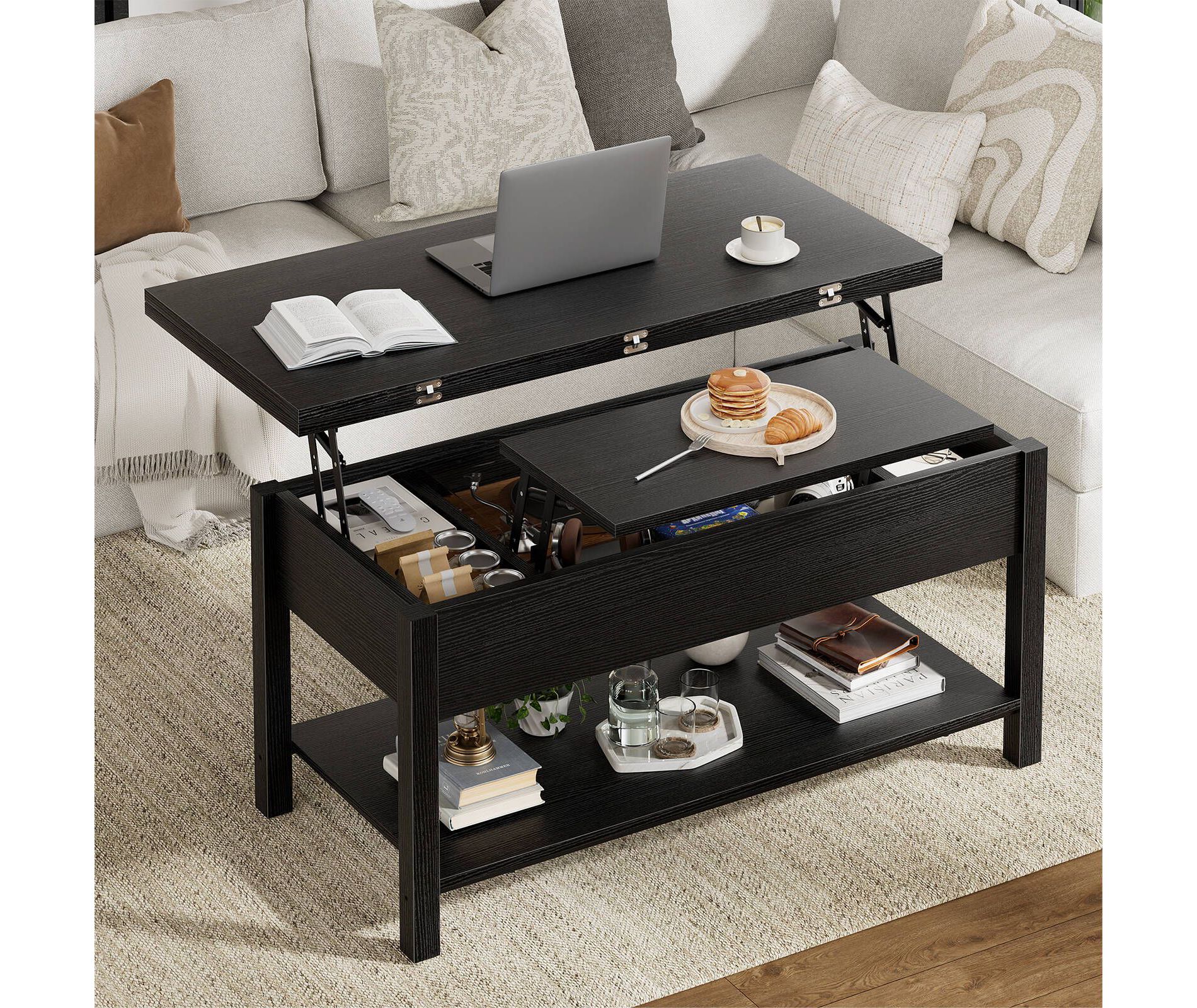 WOWLIVE Lift Top Coffee Table with Hidden Compartment and Storage Shelf, Rectangular Center Table for Living Room