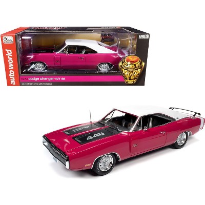 1970 Dodge Charger R/T SE 440 Hardtop Panther Pink with White Top and Stripe and Black Stripes "Class of 1970" 1/18 Diecast Model Car by Autoworld