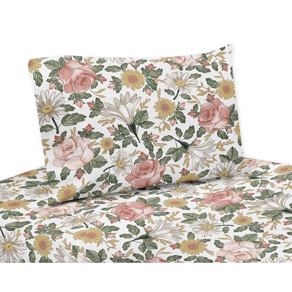 Photos - Bed Linen 4pc Vintage Floral Queen Kids' Sheet Set Pink and Green - Sweet Jojo Desig