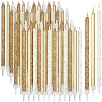 Blue Panda 48-Pack Metallic Glitter Confetti Long Thin Birthday Cake Candles 5-Inch with Holders, 3 Colors
