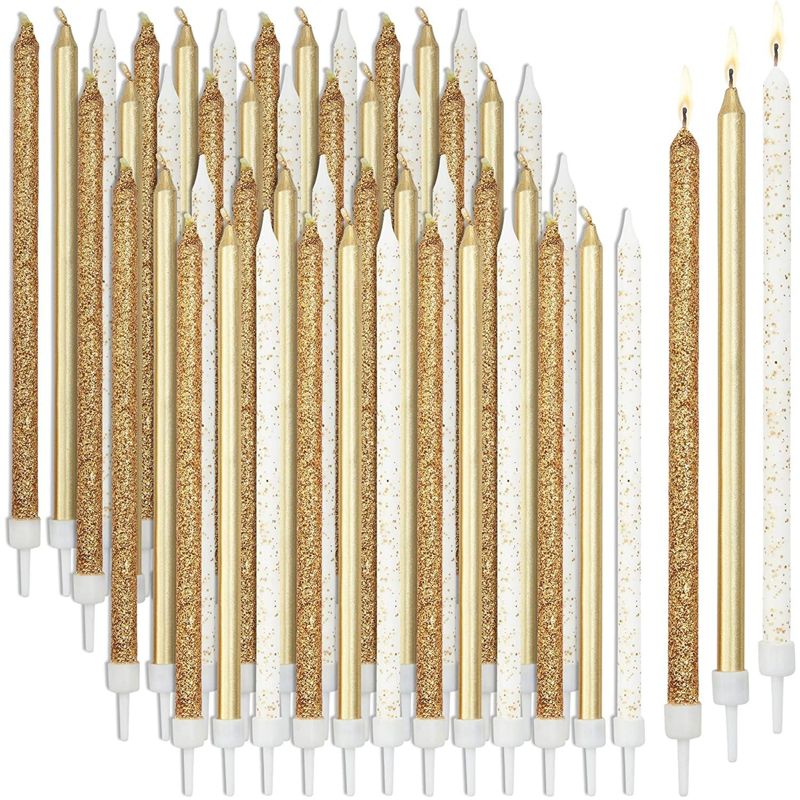 Blue Panda 48-Pack Metallic Glitter Confetti Long Thin Birthday Cake Candles 5-Inch with Holders, 3 Colors, 1 of 7