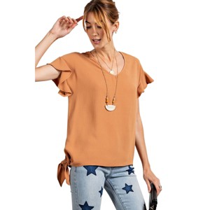 Slickblue Ruffled Sleeve V Neck Woven Top with Side Tie Detail - Casual Camel Blouse for Women, Size S-L - 1 of 4