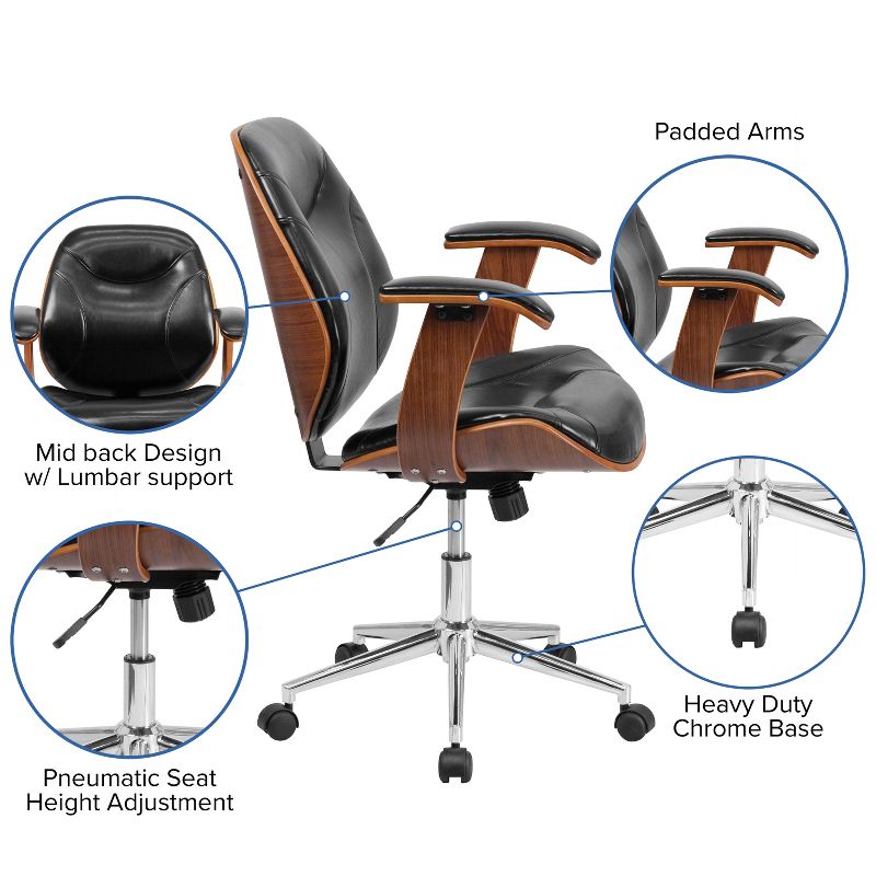 Flash Furniture Tansia Mid-Back Black LeatherSoft Executive Ergonomic Wood Swivel Office Chair with Arms, 4 of 14