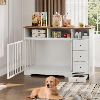 48" Large Dog Crate Furniture, Farmhouse Dog Kennel with Built-in Dog Bowl, 3 Drawers & Open Shelves, Heavy-Duty Wooden Dog Crate Table