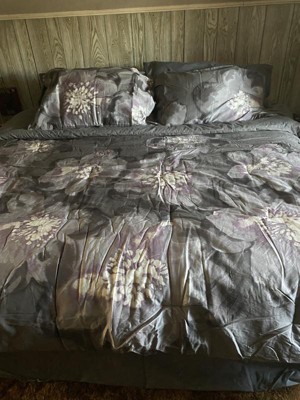 Gray/Purple Jasmine Watercolor Floral Duvet Cover Set Queen 6pc