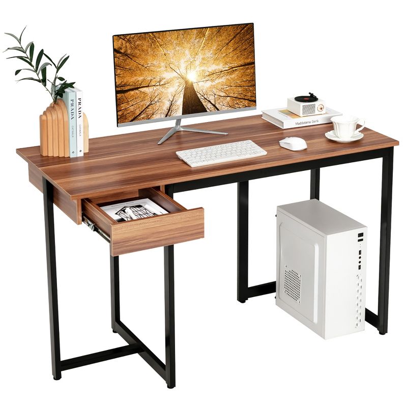 Costway Computer Desk Home Office Gaming Table Workstation Metal Frame with Drawer Walnut/Black/Rustic/Natural, 1 of 11