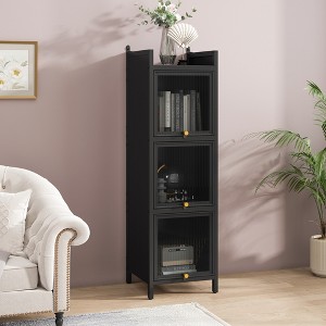 47.24" Modern Three-Door Glass Storage Cabinet with Four-Tier Shelves, Iron Frame, for Living Room, Bathroom, Entryway - 1 of 4