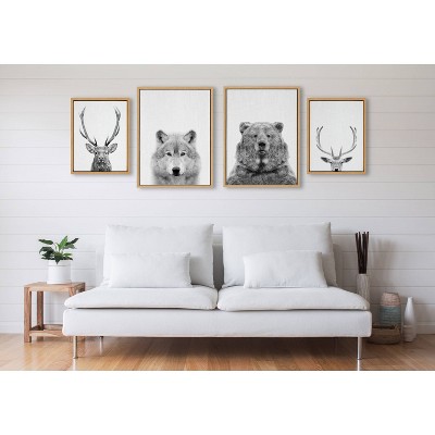 Natural Wood Framed Black and White Animal Canvas Art Set