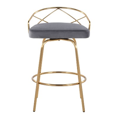 Charlotte 26" Gray Velvet and Gold Metal Swivel Counter Stools, Set of 2