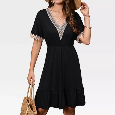 Women s Dress V Neck Summer Casual Dress Lace Trim Sundress Ruffle Hem Casual Midi Beach Cover Up Dress black S Target