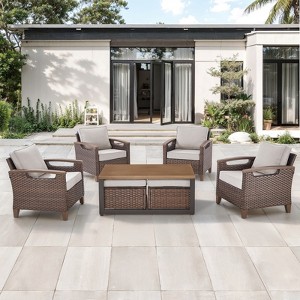 Belord Patio Wicker Chairs Lounge Club Chairs, All Weather Brown Wicker Outdoor Chair Set of 4 with Coffee Table and Ottoman for Porch Balcony - 1 of 4