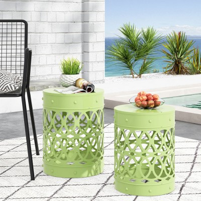 XIYUYEU Modern Cylindrical Patio End Table, Iron Cut Design Outdoor End Tables, Outdoor Side Table with Overlapping Circle Pattern, Set of 2