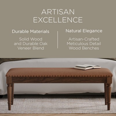 Elizabeth Traditional Brown Upholstered Wooden Bench with Nailhead Trim