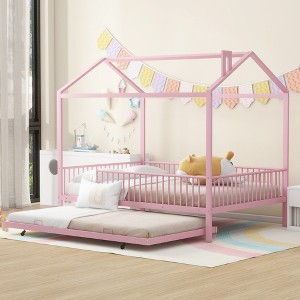 Whisen Elegant Design Metal House Bed with Fence and Trundle - 1 of 4