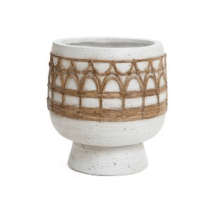 LuxenHome Boho White with Brown Accents 11-Inch Round MgO Planter - 1 of 4