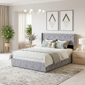 Lyngins Upholstered Storage Bed Frame – Hydraulic Lift Platform Bed with Headboards, Fabric Storage Beds for Bedroom (No Box Spring Needed) - 1 of 4