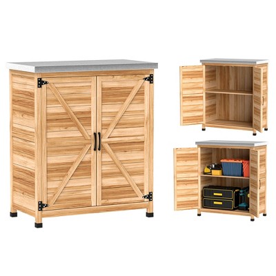 Outsunny Wooden Storage Cabinet, Outdoor Prep Station with Metal Tabletop and Shelf, Patio Storage Cabinet with Double Doors, Natural Wood