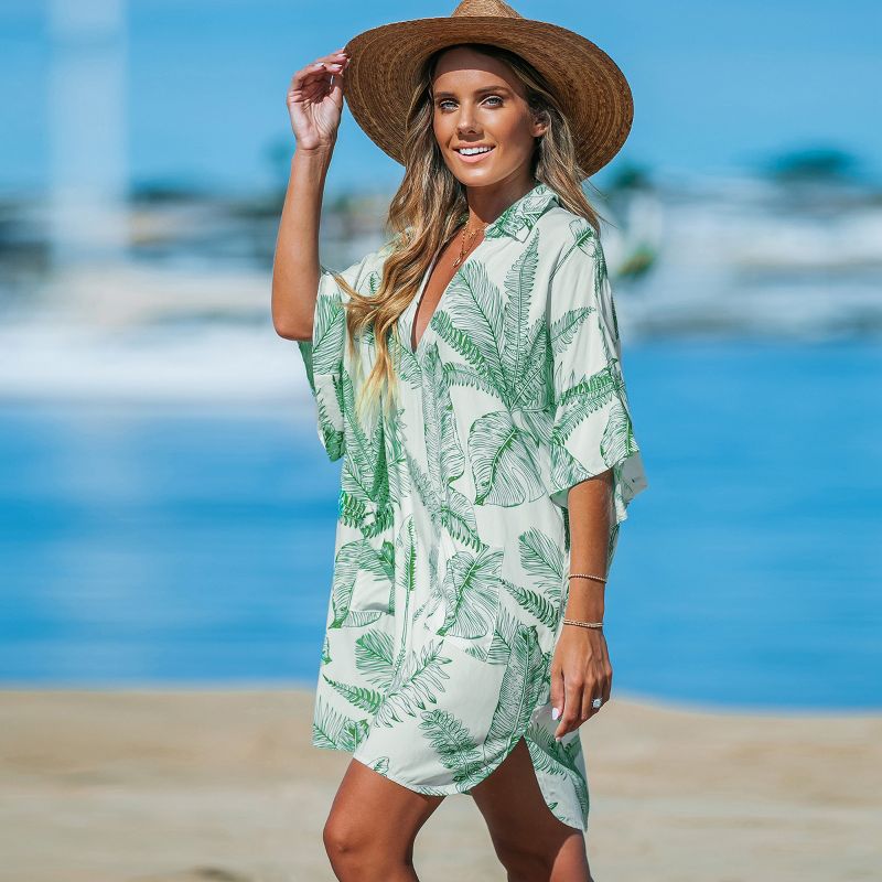 Women's Green-and-White Palm Leaf Collared V-Neck Cover-Up Dress - Cupshe, 2 of 6