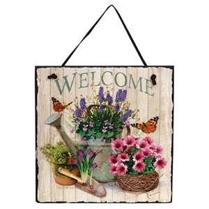 Slickblue Nature-Inspired Welcome Slate Wall Decor – 9.5” Hanging with Baskets of Flowers, Butterflies & Leather Cord - 1 of 3