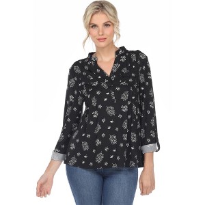 Women's Pleated Long Sleeve Leaf Print Blouse - White Mark - 1 of 4