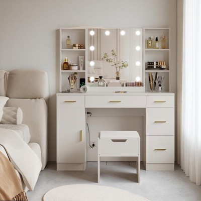 Farmhouse Vanity Set with Lighted Mirror,56 Inch Modern Makeup Vanity with Charging Station&Storage Shelves