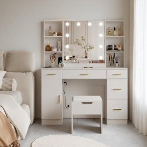 Farmhouse Vanity Set with Lighted Mirror,56 Inch Modern Makeup Vanity with Charging Station&Storage Shelves - 1 of 4