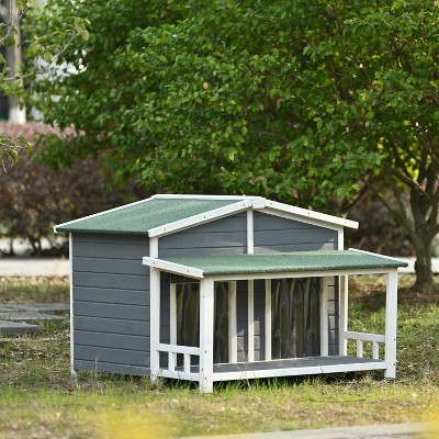 Whisen 47" Wooden 2 Doors Dog House Dog Crate with Asphalt Roof and Porch