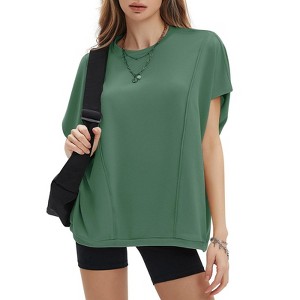 EXLURA Women's Summer Exposed Seams Oversized Tops 2025 Casual Workout T Shirts Trendy Pleated Dressy Crewneck Tunic Outfits - 1 of 4