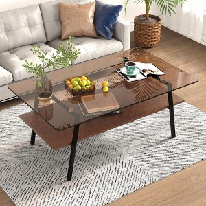 CAVINAS 38.6 Inch Modern Rectangle Coffee Table for Living Room,Side Center Table with Brown Tempered Glass Tabletop and Storage Shelf - 1 of 4