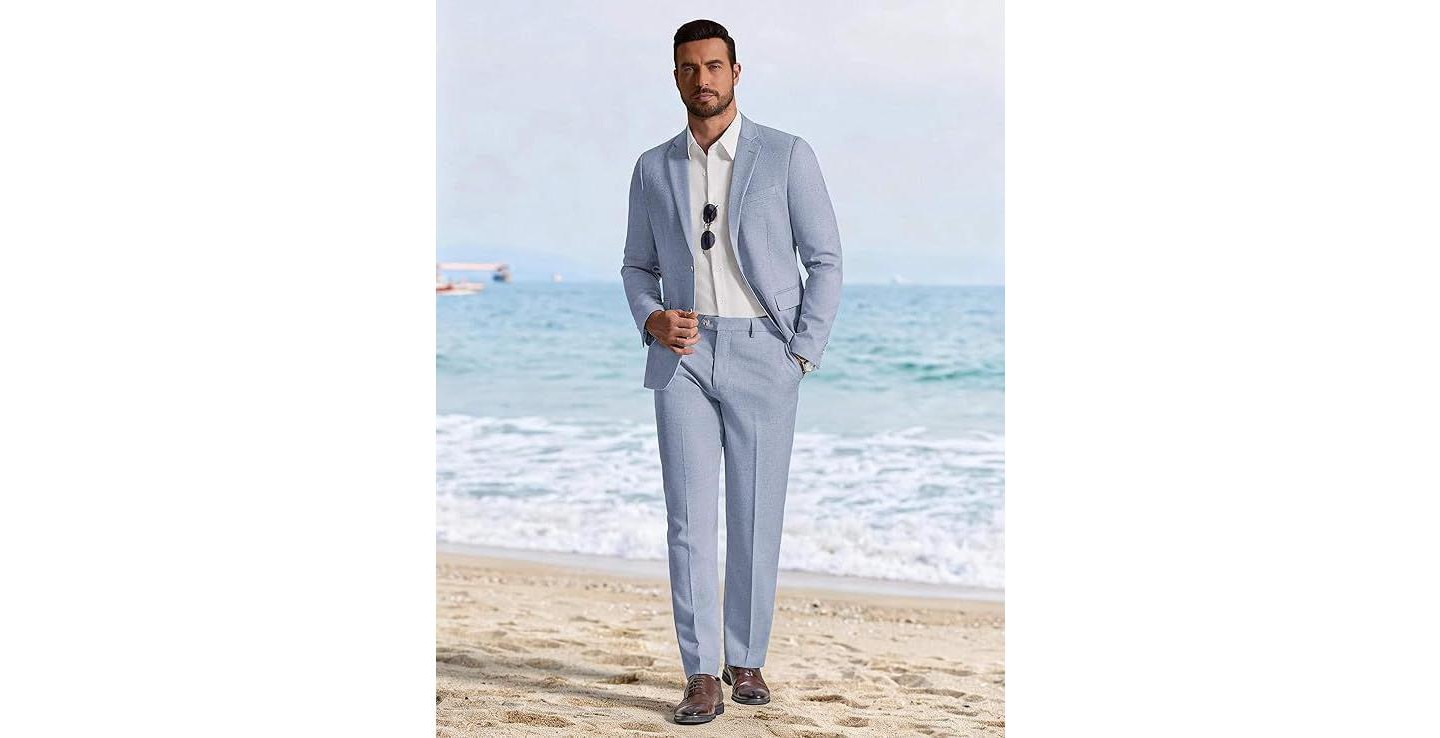 COOFANDY Men's Linen Suits 2 Piece Regular Fit Suits Set Casual Lightweight Blazer Jacket and Pants for Summer Wedding White 36X30W, цвет: Светлый синий — фото 2