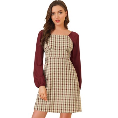 Allegra K Women's Square Neck Plaid Contrast Long Sleeve A-Line Dress
