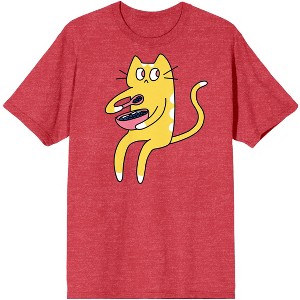 Derpy Kitty Yellow and White Cat Eating Cereal Men's Red Heather Graphic Tee - 1 of 3