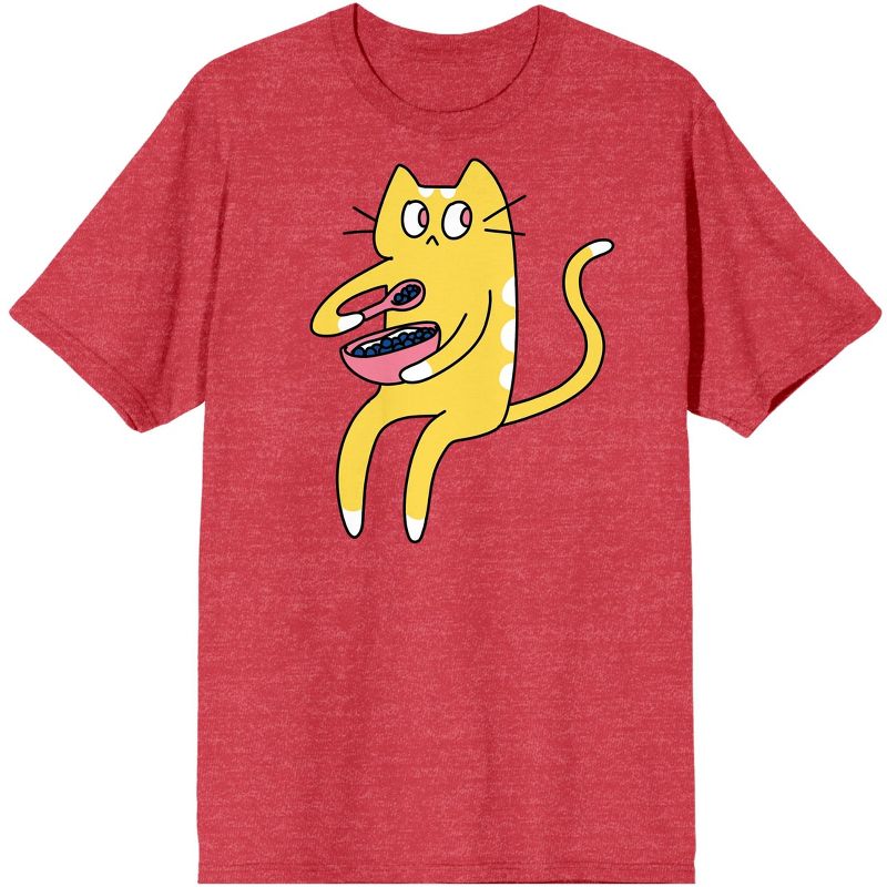 Derpy Kitty Yellow and White Cat Eating Cereal Men's Red Heather Graphic Tee, 1 of 4