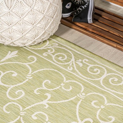 Boho-Chic Green and Cream Vintage Filigree 9' x 12' Indoor/Outdoor Rug