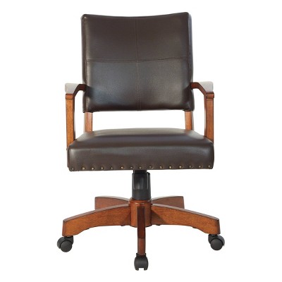 Espresso Leather Swivel Wood Banker Chair with Armrests