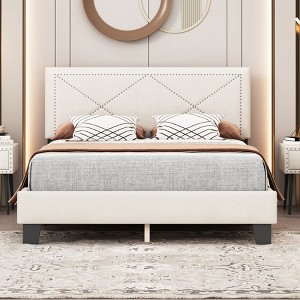 NicBex Queen Modern Upholstered Bed Frame with Velvet Headboard,Platform Bed Frame with Rivet Design,No Box Spring Needed,Easy Assembly,Beige/Blue - 1 of 4