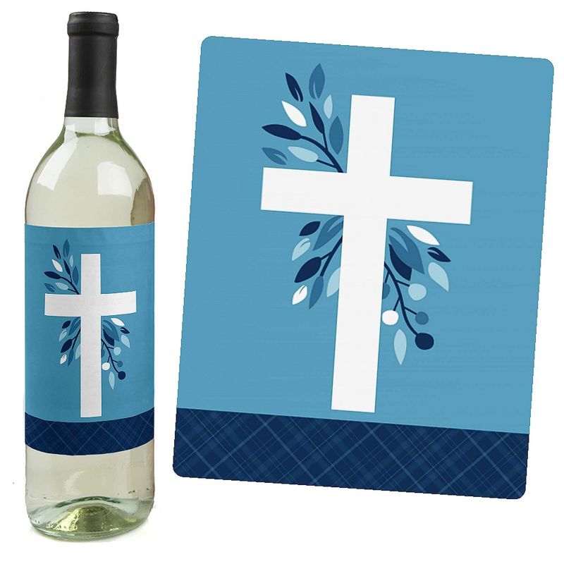 Big Dot of Happiness Baptism Blue Elegant Cross - Boy Religious Party Decorations for Women and Men - Wine Bottle Label Stickers - Set of 4, 5 of 9