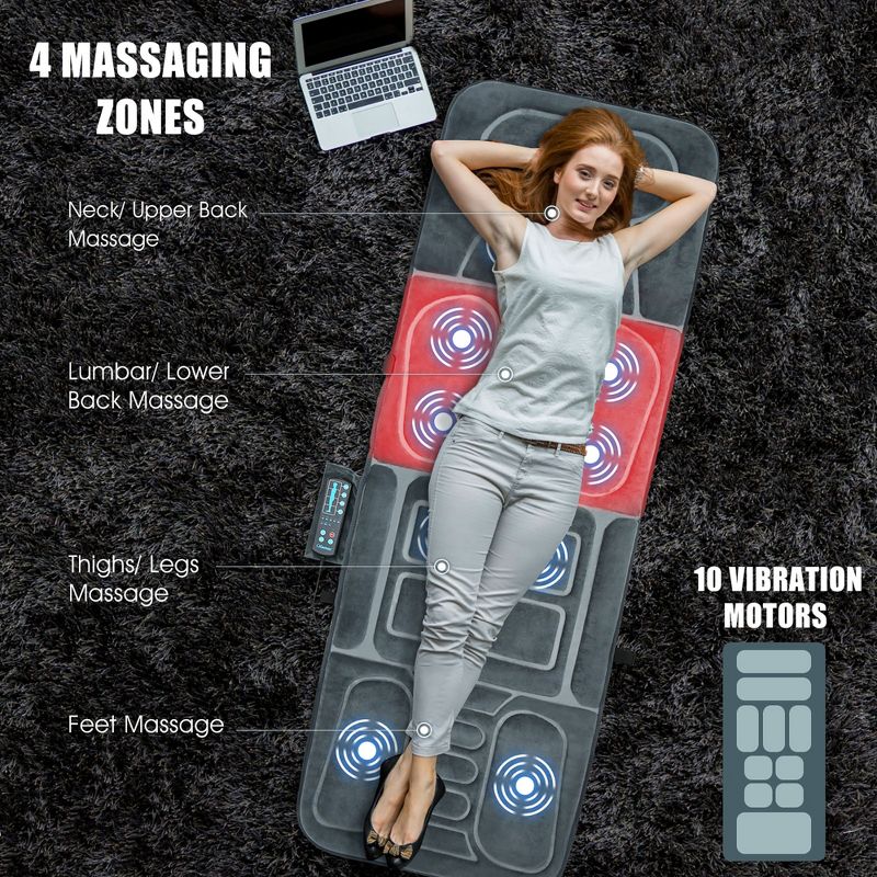 Costway Foldable Massage Mat Full Body Massager with Heat & 10 Vibration Motors, 4 of 11