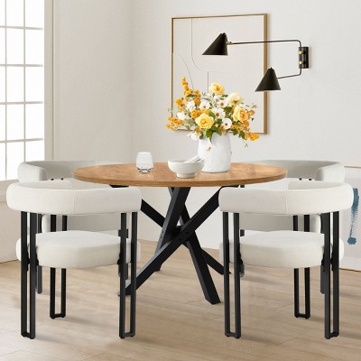 5-Piece Dining Set for 4 Round Dining Table with Velvet Upholstered Chairs and Crossed Metal Legs For Dining Room, Living Room, Farmhouse-Tanpinhause