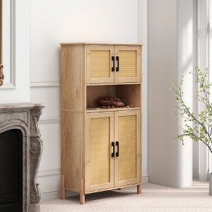 HDZNVF Mid Century Modern 4 Door Storage Cabinet with Woven Rattan Doors & Adjustable Shelves, Natural - 1 of 4