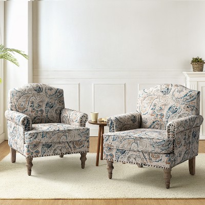 Set of 2 Yahweh Wooden Upholstered Armchair with Panel Arms and Camelback for Bedroom  | ARTFUL LIVING DESIGN