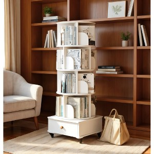 ORRD 5-Tier 360° Rotating Corner Bookshelf with Drawer, Floor Standing Narrow Storage Rack for Small Spaces, White - 1 of 4