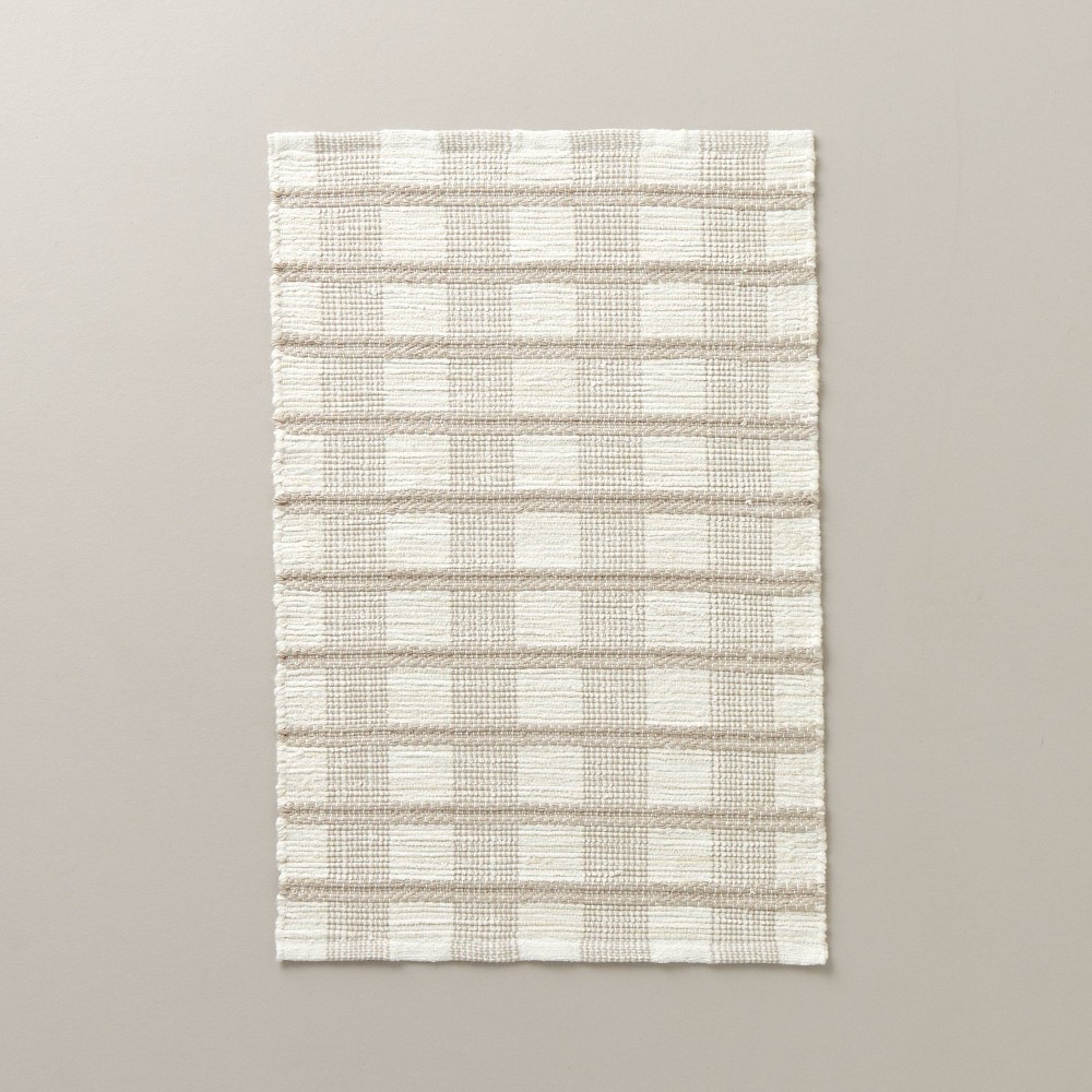 Photos - Doormat 2x3'' Rib Stripe Plaid Handmade Woven Accent Rug Tan/Cream/Khaki - Hearth
