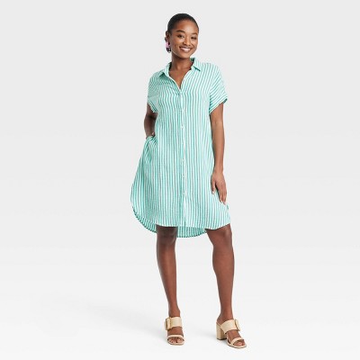 Women's Short Sleeve Mini Shirtdress - Universal Thread™ Green Striped XL