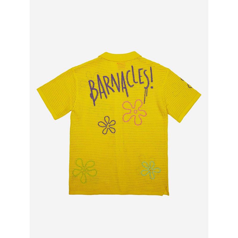 Spongebob Squarepants Barnacles Short Sleeve Yellow Mesh Camp Button-Down Shirt, 2 of 5