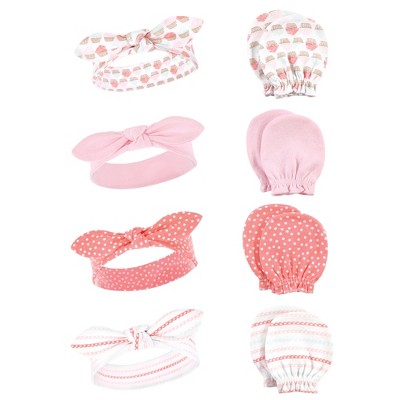 Hudson Baby Infant Girl Cotton Headband and Scratch Mitten Set, Cupcake, 0-6 Months